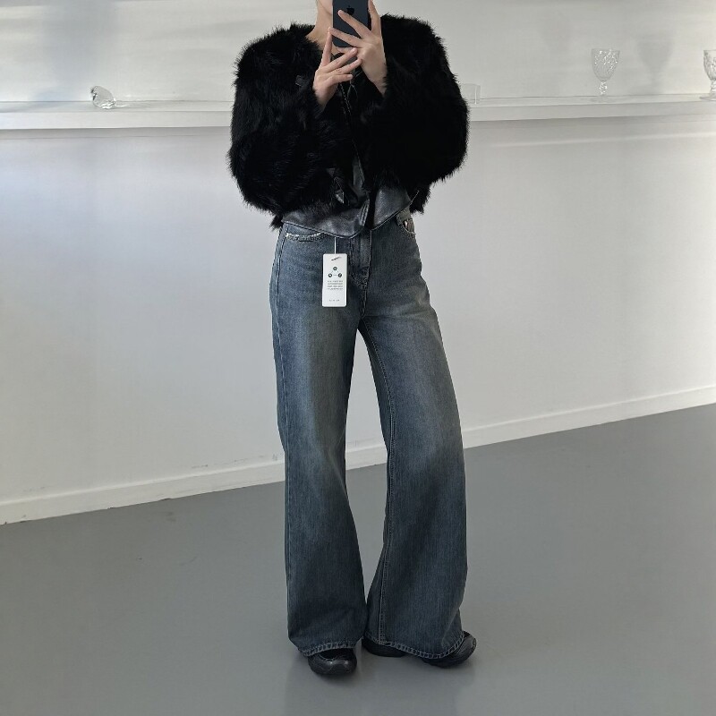 韩国正品25冬加绒MORPHIN高腰复古水洗喇叭裤显瘦长款牛仔裤4046