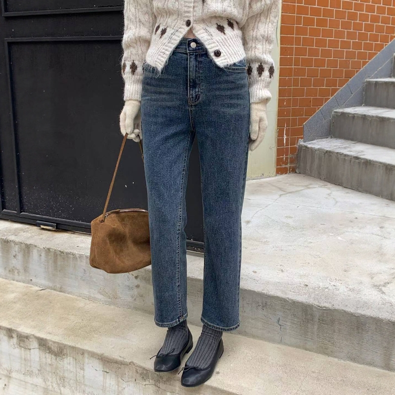 韩国东大门25冬加绒PI2正品松紧高腰显瘦九分小直筒烟管牛仔裤675