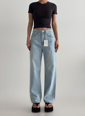 韩国东大门2025夏OH YEAH高腰显瘦直筒裤百搭浅蓝色窄版牛仔裤821