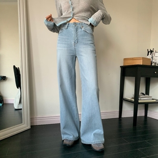 韩国东大门26春PI2正品代购高腰松紧显瘦窄版直筒裤微喇牛仔裤679