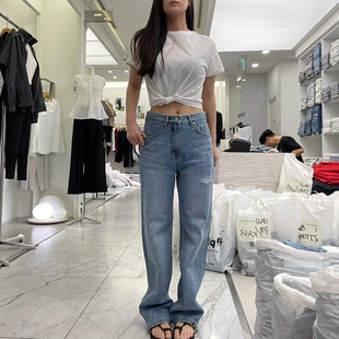 窄版 韩国东大门26夏PAI正品 高腰显瘦直筒裤 女长款 1242 破洞牛仔裤