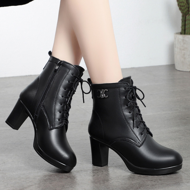 秋冬新款真皮单靴冬季羊毛保暖中跟棉靴不累脚高跟防水台厚底短靴