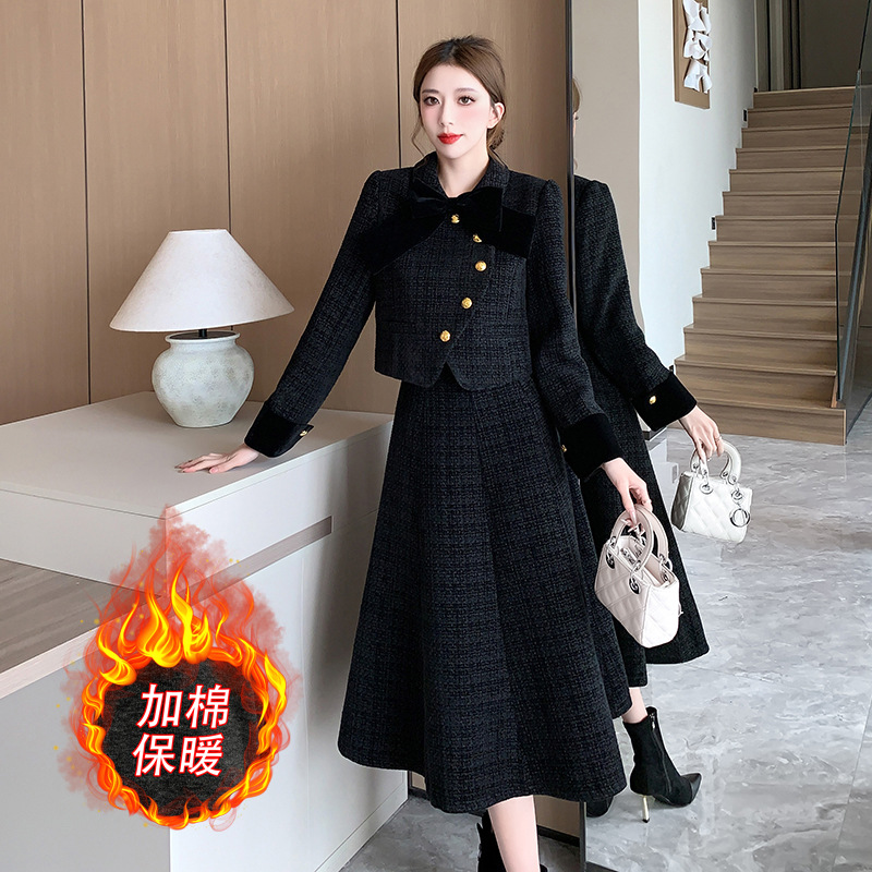 加厚毛呢长款冬裙套装两件套韩剧女主穿搭小香风冬季连衣裙优雅