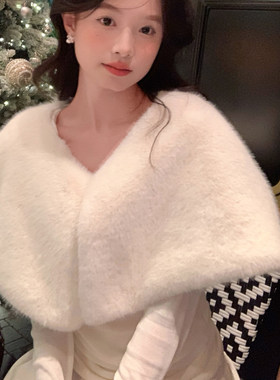 超贵气披肩女冬季白仿狐狸毛外套加厚保暖结婚皮草礼服外搭新中式