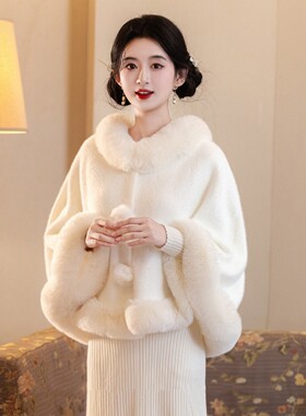 旗袍斗篷秋冬新款仿獭兔毛领披肩大码女式针织开衫宽松披肩外套