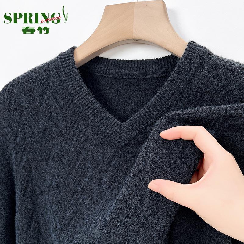 上海春竹鸡心领100%羊绒衫男加厚