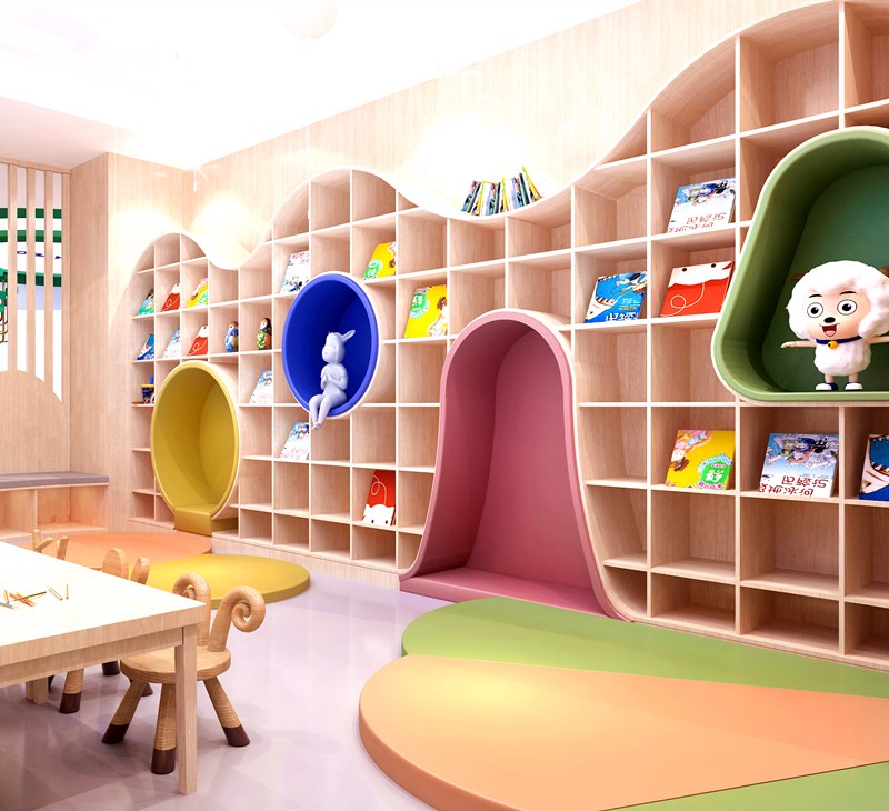 简约整墙设计儿童区书架幼儿园绘本馆阅读室展厅展架