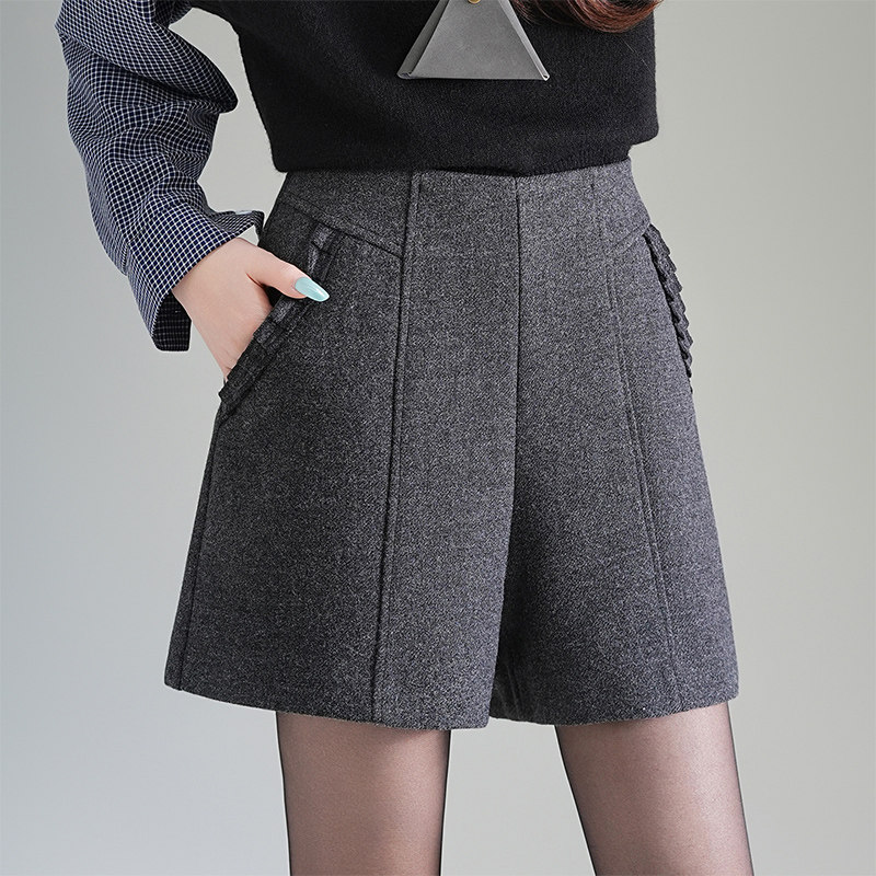 高档毛呢裤女秋冬款高腰修身阔腿裤口袋时尚直筒外穿休闲短裤洋气