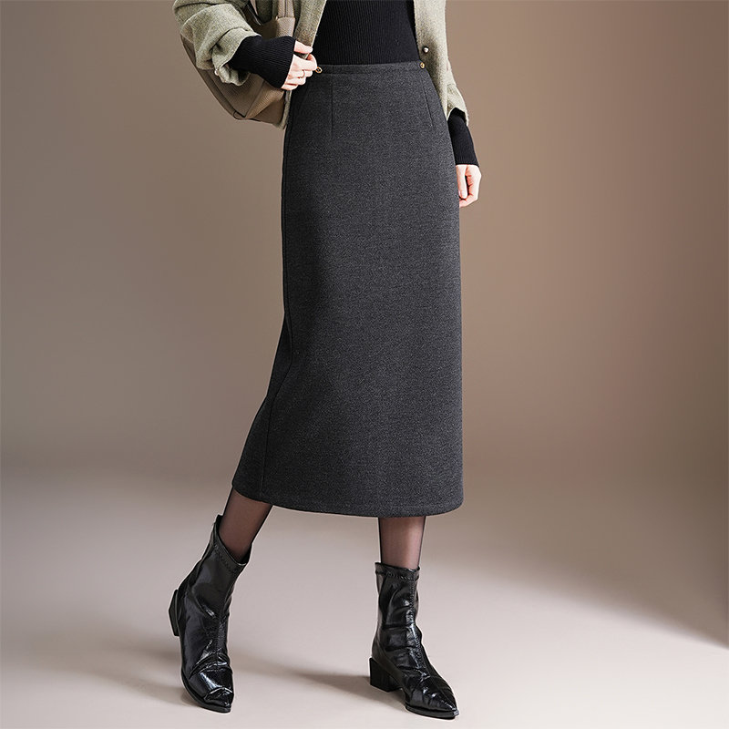 羊绒毛呢半身裙女秋冬新款高腰修身包臀裙口袋时尚直筒开叉一步裙
