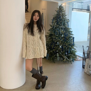 秋冬韩国设计师atelier dition圆领钩花镂空系带毛衣女羊毛上衣