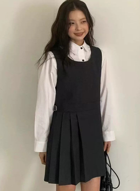 25春夏韩国设计师an*u学院风黑灰色圆领无袖背心连衣裙女百褶裙子