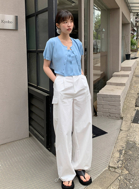 夏季韩国设计师sim家高腰休闲白色大口袋薄款工装裤女纯棉长裤子