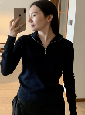 25秋冬韩国设计师urba*ic深蓝色半拉链套头针织衫女修身打底上衣