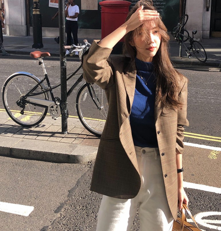 春秋韩国东大门设计师复古格纹咖色千鸟格羊毛西装西服女宽松外套