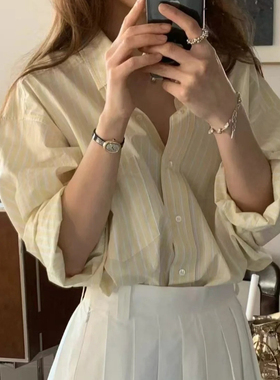 2025春秋韩国设计师OU*CE通勤慵懒风浅黄白色条纹长袖衬衫女衬衣