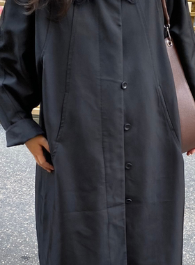 春秋季韩国设计师et*os知识分子风黑色翻领单排扣风衣女长款外套