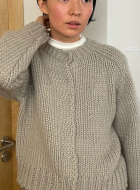 冬季韩国设计师Lfm复古粗针羊毛圆领针织开衫女合身厚实毛衣外套