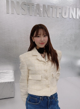 春秋韩国设计师instan*funk名媛奶白亮片粗花呢毛边翻领女短外套