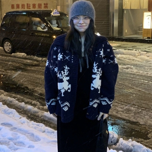 外套 out复古雪花麋鹿厚实粗针手工毛衣女开衫 冬季 韩国设计师wit