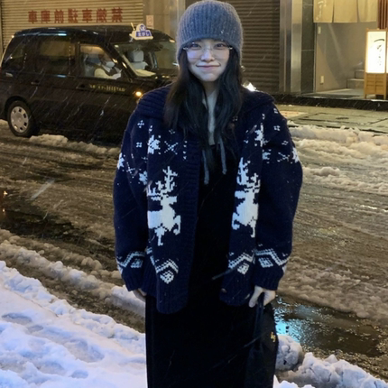冬季韩国设计师wit*out复古雪花麋鹿厚实粗针手工毛衣女开衫外套