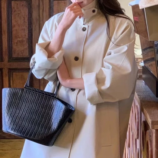 春秋韩国设计师verg*mot简约素洁3色单排扣翻领风衣女一手长外套