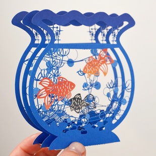 高端立体镂空金鱼缸新年贺卡送长辈恩师男生国风雅致生日万用卡