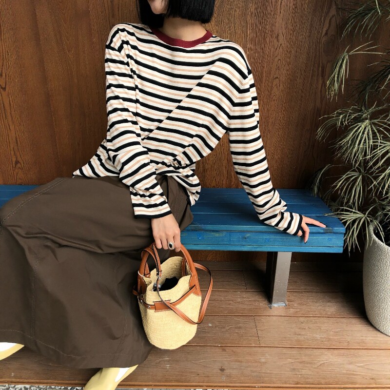 春季新款优质长绒棉撞色条纹长袖T恤女宽松百搭通勤风上衣