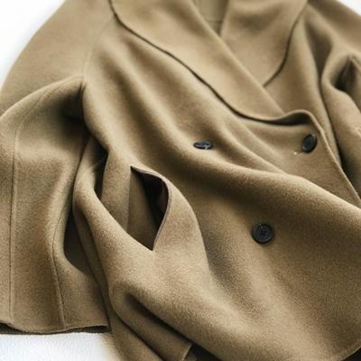 24秋冬新款双面羊绒大衣青果领双排扣宽松中长款呢外套女