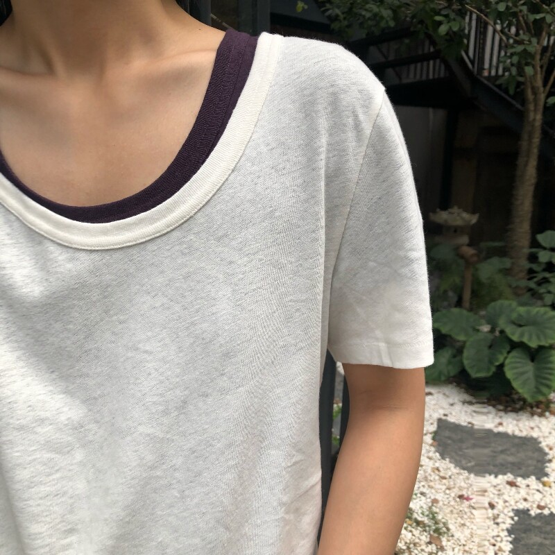 2026春季新款U领短袖T恤女时尚百搭休闲简约竹节肌理棉麻上衣