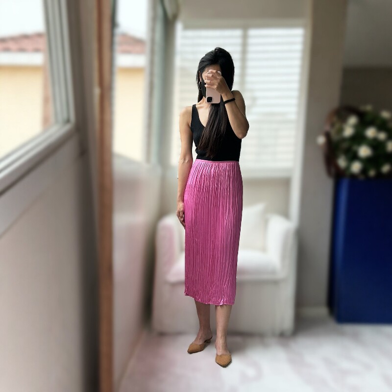 三宅风流动光泽褶皱半身裙女人丝粉色气质中长款直筒裙简约穿搭