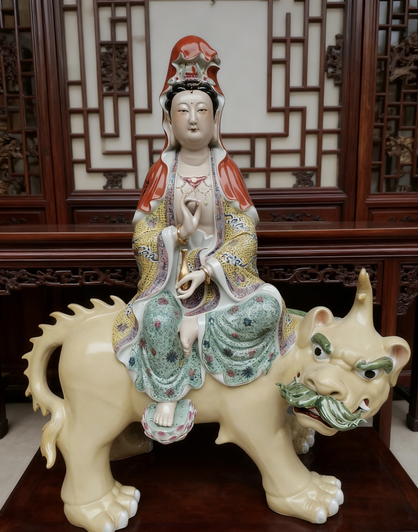 骑金毛吼观世音菩萨佛堂景德镇手工陶瓷粉彩雕塑摆件供奉家用76cm