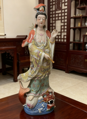 景德镇手工粉彩站熬鱼净瓶滴水观世音菩萨居家供奉摆件陶瓷器90cm