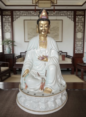 精品本金手持经书坐莲观世音菩萨景德镇手工陶瓷粉彩雕塑摆件48cm