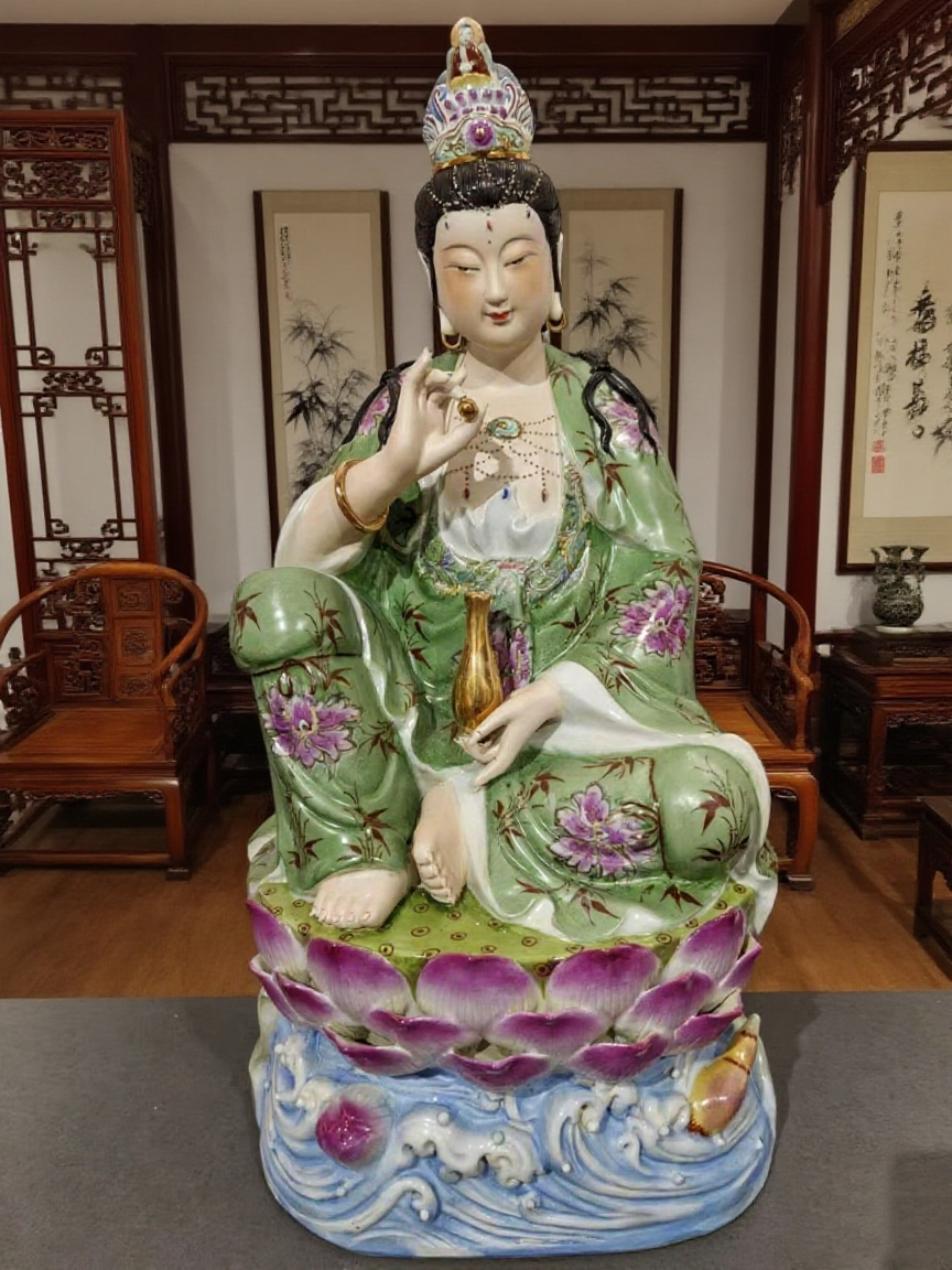 景德镇手工雕塑陶瓷绿衣自在观音菩萨家居观世音佛像供奉摆件55cm