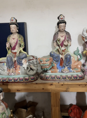 景德镇坐兽文殊普贤菩萨华严三圣粉彩雕塑陶瓷器佛像供奉摆件60cm