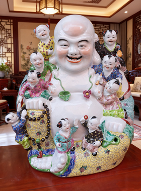 景德镇手工雕塑陶瓷九子弥勒佛瓷像多子罗汉笑佛店铺装饰摆件46cm