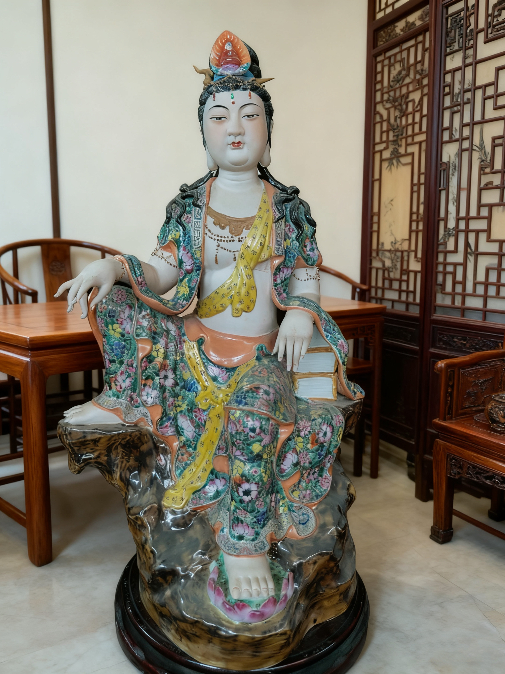 景德镇陶瓷器坐莲南海观音菩萨佛像客厅家用供奉品观世音摆件58cm