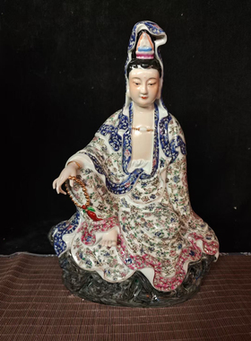 景德镇雕塑粉彩陶瓷观音佛像居家供奉佛摆件家用自在观世音像38CM