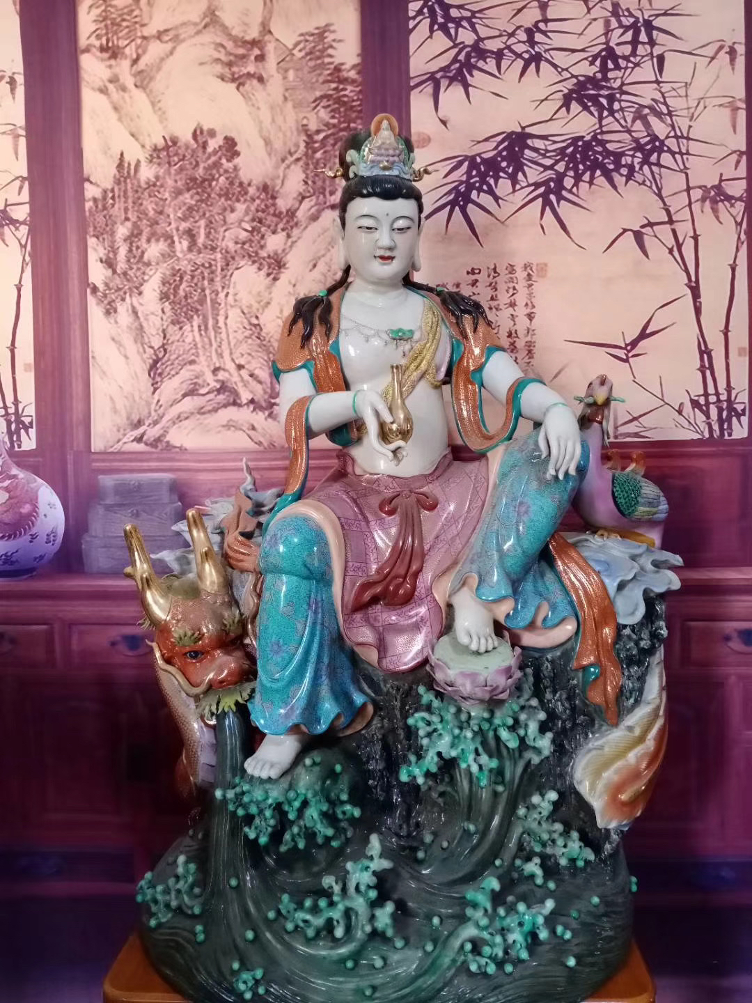 景德镇雕塑陶瓷观音佛像供奉家用观音像龙凤自在观世音菩萨摆件80