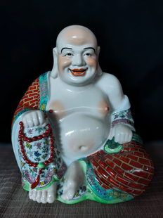 景德镇雕塑陶瓷袈裟布袋弥勒佛笑佛大肚弥勒佛像居家供奉摆件30CM