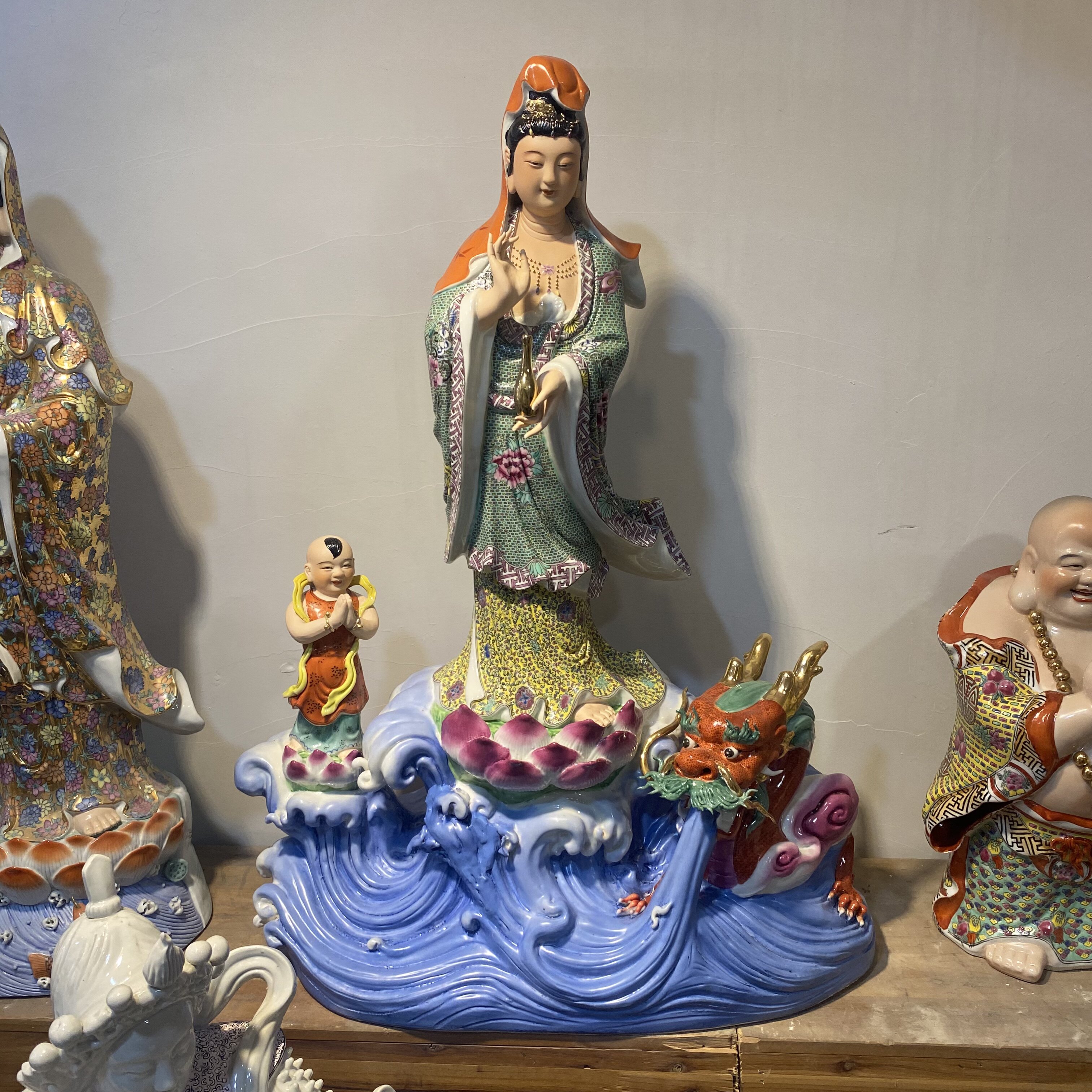 雕塑陶瓷佛像收藏工艺品摆件南海鳌龙观世音菩萨像滴水观音童子85