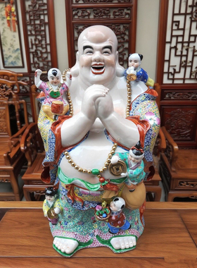 站恭喜五子弥勒佛像景德镇彩绘雕塑陶瓷多仔大肚笑家居店铺摆件73