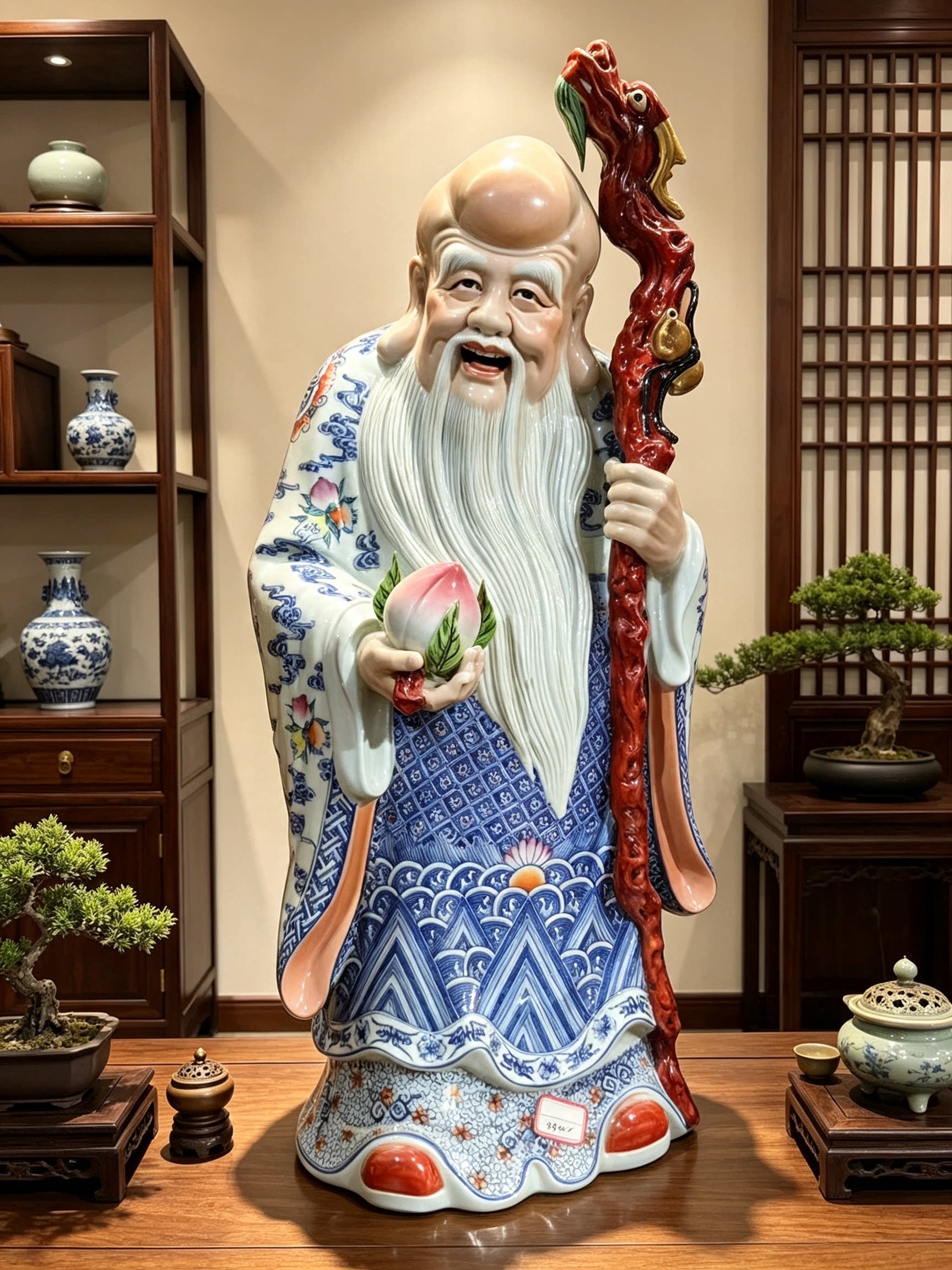 景德镇72cm青花加彩寿星公陶瓷摆件陶瓷手工雕塑贺寿供奉工艺瓷像
