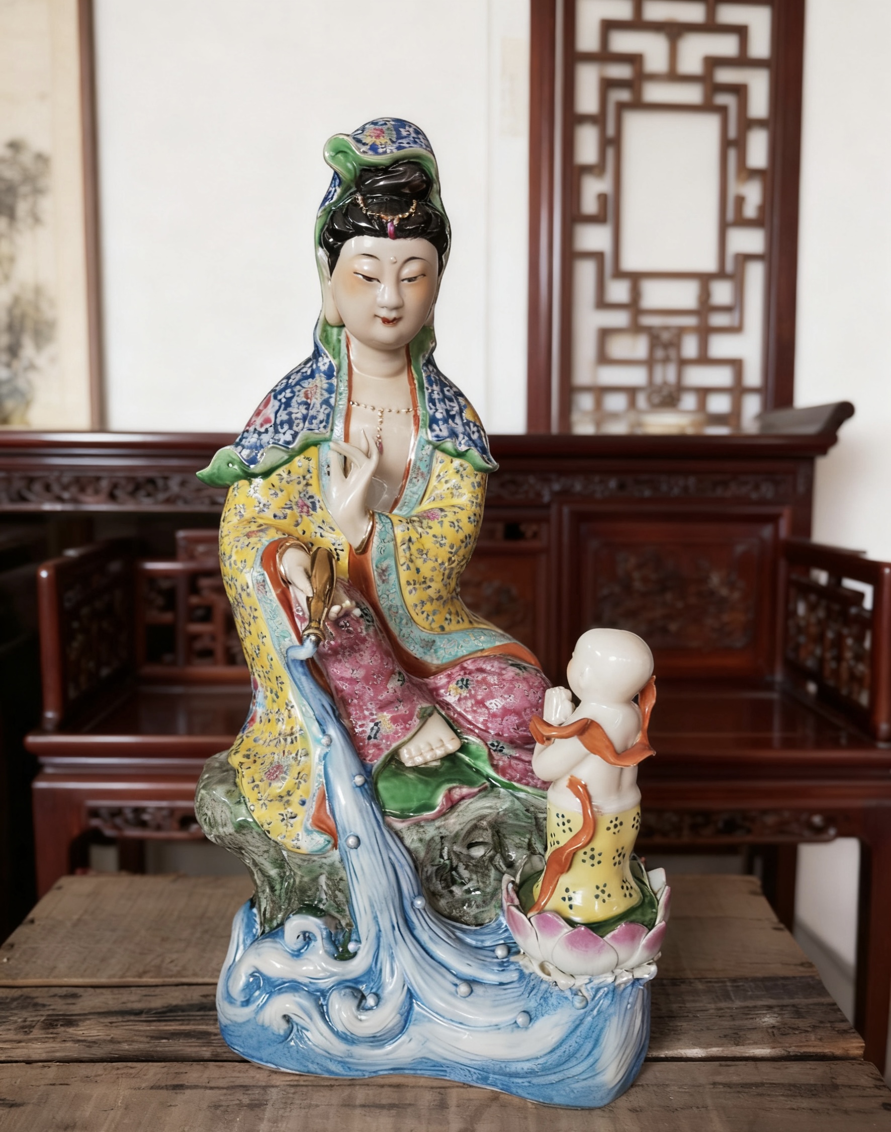 景德镇陶瓷手工雕塑神像观音菩萨送子娘娘供奉客厅佛堂装饰品45cm