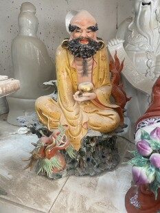 景德镇手工雕塑陶瓷降龙达摩祖师禅意中式家居人物雕像装饰品16吋