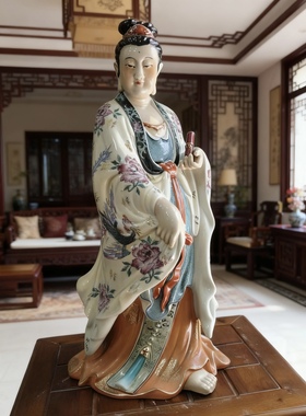 景德镇陶瓷南海观音菩萨佛像摆件站立像经书观世音菩萨家用供奉50