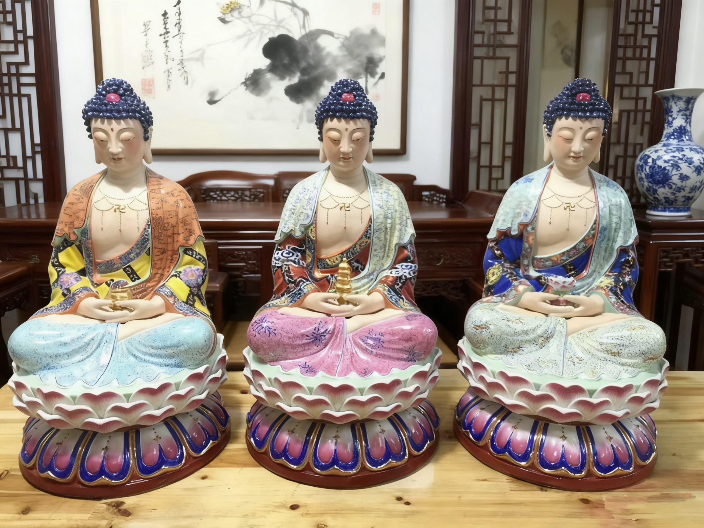 阿弥陀佛释迦牟尼佛粉彩药师佛三宝佛像陶瓷器雕塑佛堂三世佛48cm