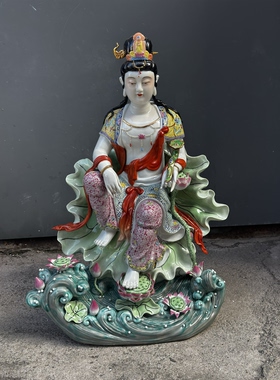 景德镇九莲观音瓷像禅意摆件家用南海菩萨佛像客厅坐莲观世音60cm