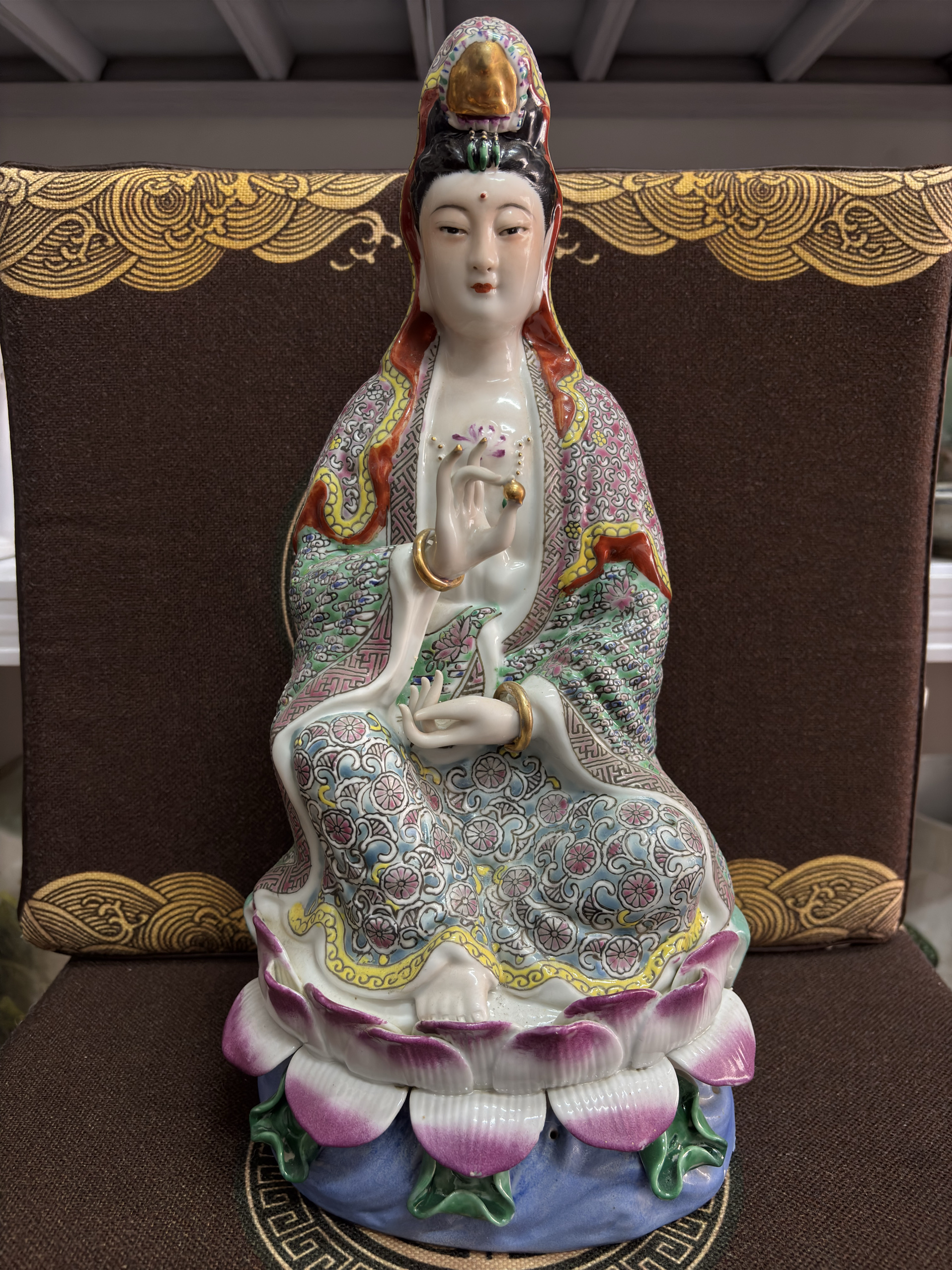 景德镇仿古粉彩陶瓷器南海坐莲观音菩萨佛像摆件雕像家居供奉38cm