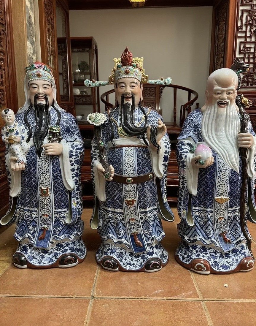 景德镇福禄寿三星像站陶瓷器青花瓷雕塑神佛像手工佛堂寺庙供奉1m